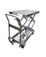 Dieser mobile Hubtisch aus Edelstahl mit 100 kg Tragkraft sorgt für ergonomisch optimales Arbeiten.